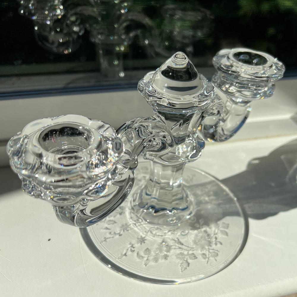 Vintage Fostoria Midnight Rose Etched Two Candlestick Candelabra Dome Center - Picture 5 of 16